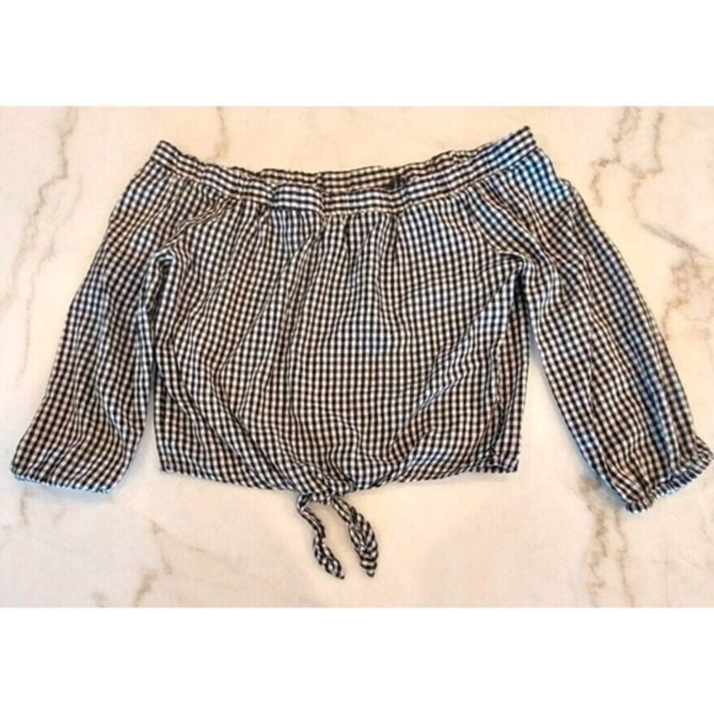 Ivy & Me Black Gingham Off the Shoulder Shirt Tunic Blouse‎ Size Small